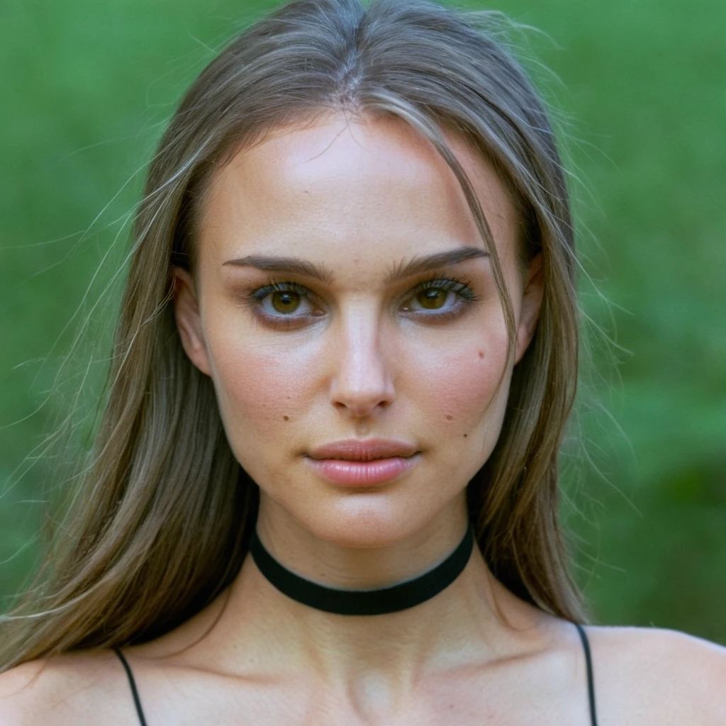 natxportman,Skin texture, no makeup, Super high res closeup portrait photo of a woman outdoors with straight hair, wearing a small string choker around her neck,f /2.8, Canon, 85mm,cinematic, high quality,looking at the viewer, <lora:natportman_smaller_xl_1_standard_wo_cap-merger_8_40_035_065-natxportman:1.1>,