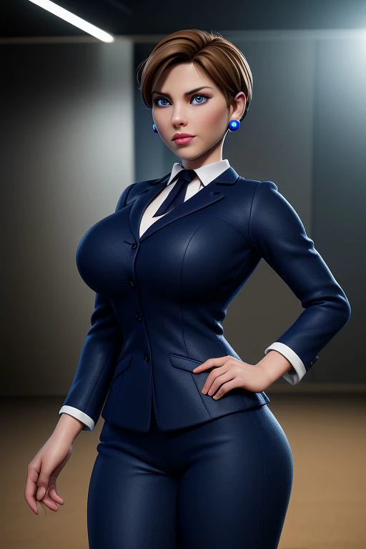 Tall, High quality, nonblurry, female focus, Ultra HD, HDR, 8K, smooth lighting, solo, (fully clothed, masterpiece, photorealistic, medium breasts, good shading, studio quality), (Agent Topaz, short sandy brown hair, blue earrings, dark blue government uniform, holding gun), curvy, best_quality, perfect quality, cinematic lighting, highest quality, intricate details