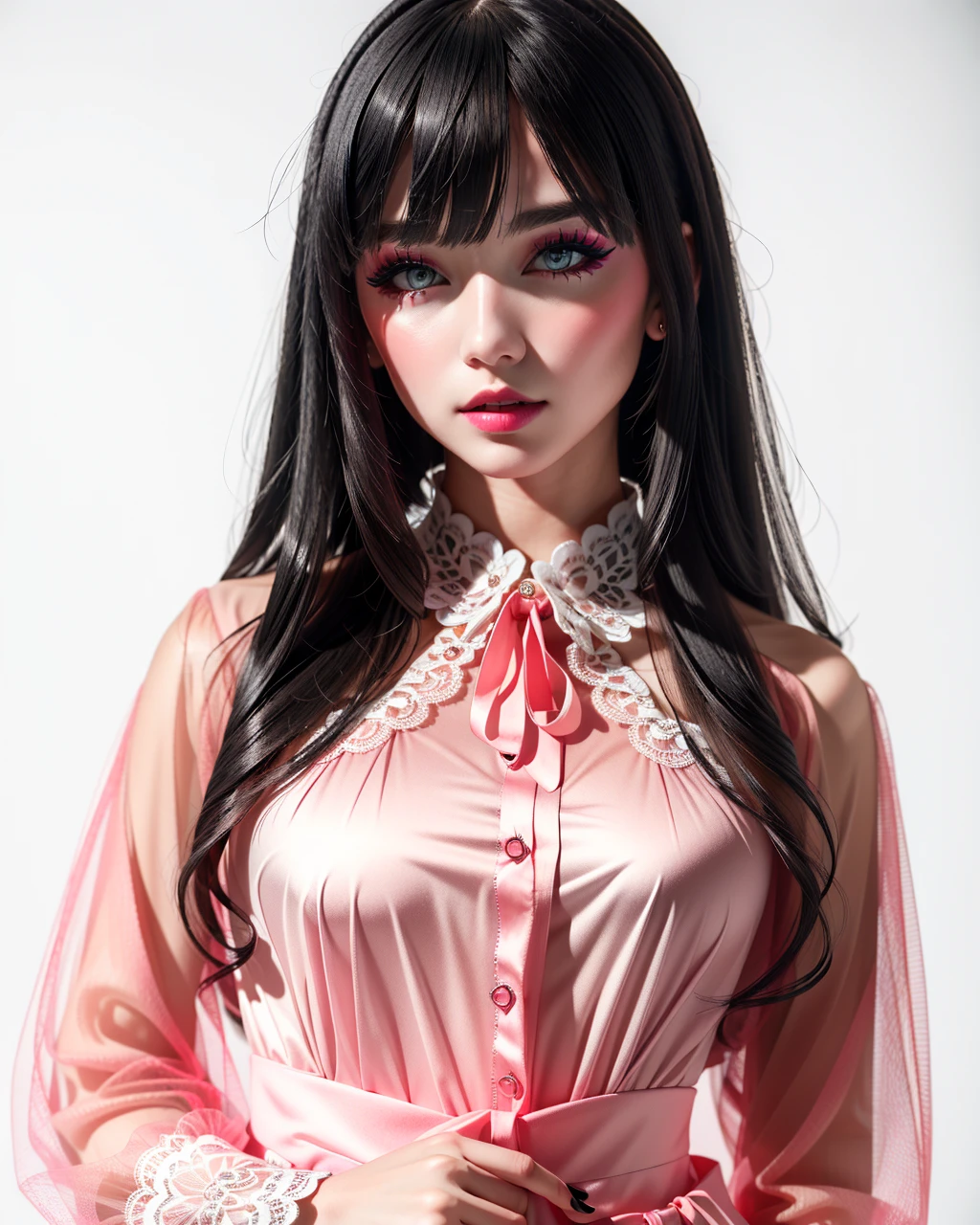 best quality,masterpiece,highly detailed,ultra-detailed, silk clothes
1girl,makeup, fashion, pink clothes,realistic, long sleeves, see-through sleeves, white background, pink clothes, 
 <lora:neg9V2_last:0.5> 
  <lora:jirai_last:1.25>