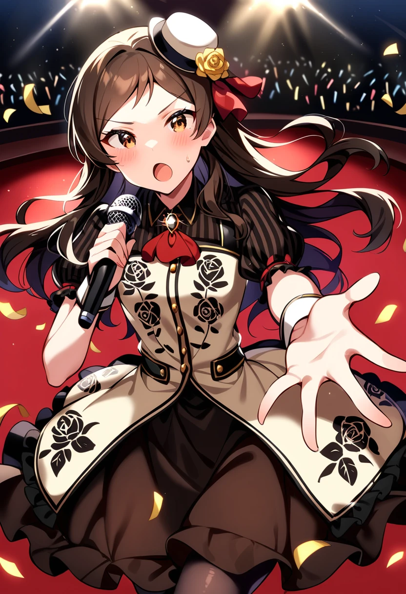 masterpiece, best quality, very aesthetic, absurdres,
kitazawa shiho, chocoliere rose, 1girl, microphone, brown hair, brown eyes, long hair, open mouth, confetti, music, looking at viewer, sweat, mini hat, singing, blush, solo, stage, glowstick, jewelry, floral print, one side up, outstretched arm, holding microphone, solo focus, dutch angle, audience, puffy short sleeves, sparkle, yellow rose, lens flare, frills, crowd, tilted headwear, pantyhose, wrist cuffs, brooch, stage lights, indoors, rose print, wristband, outstretched hand, bracelet, v-shaped eyebrows, mini top hat, concert, ascot, red ribbon, vertical stripes, :o, buttons, black skirt, glint, standing, swept bangs, floating hair, black legwear, striped shirt, sweatdrop, spotlight, red carpet, black dress, white headwear, smile, vertical-striped shirt, hat flower, frilled dress, dancing, print dress, parted bangs, cowboy shot, hair ribbon, vertical-striped dress, brown dress, collared dress, instrument, reaching out, petals, frilled skirt, collared shirt, black shirt, striped clothes, white dress, red neckwear, hat ribbon
<lora:kitazawa_shiho_sdxl_ani31_p_locon_v1:0.8>