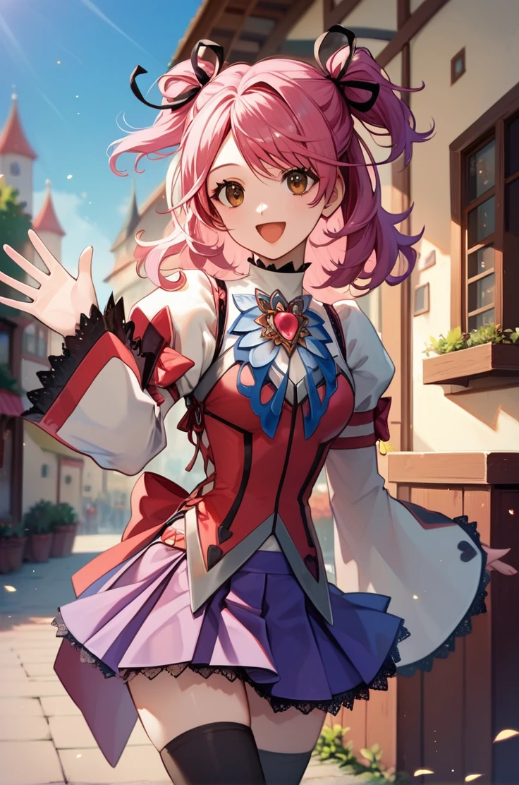 score_9, score_8_up, score_7_up, very aesthetic, source_anime, detailed, high quality, beautiful, masterpiece, detailed eyes,
<lora:lightXL:0.8>
village, blurry background,
upper body, close up,
 smile, open mouth, waving,
<lora:cheria_autismConfetti_v03:0.95>
cheria barnes, pink hair, brown eyes, twintails, two side up, medium hair,
thighhighs, brooch, long sleeves, puffy sleeves, purple skirt, jewelry, black thighhighs, white footwear, (wide sleeves:0.7), pleated skirt, laces,, zPDXL