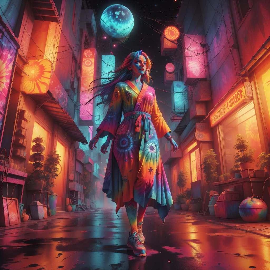 <lora:EPtiedyeworld:0.8>,eptiedyeworld, scifi, caustics, psychedelic,
 scholar, robe, mature woman, long hair, multicolored hair, glowing eyes, full body, alley, outdoors, neon lights, city, night