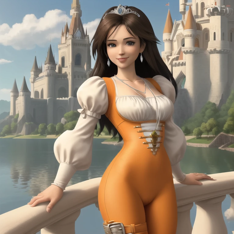 princess garnet orange jumpsuit, white undershirt, wide hips, medium breasts, diamond necklace, castle lake in the background <lora:garnettilalexandros_smf_lora_e02:0.5>mature female, thigh belts, smile<lora:slimtall:-0.4> <lora:GarnetTilAlexandrosFinalFantasy2:0.5>