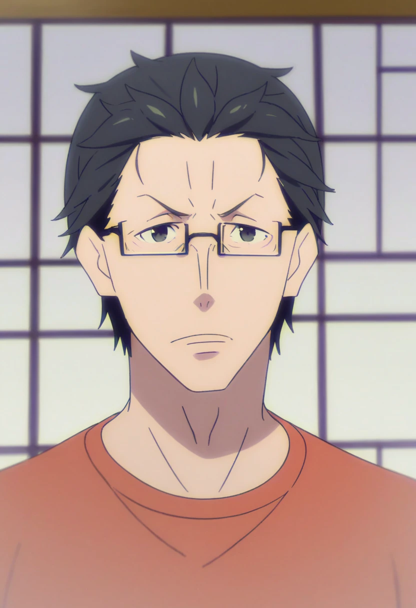 <lora:Natsuki_Kenichi:1> Natsuki Kenichi, male focus, 1boy, glasses, black hair, solo, t-shirt, shirt, short hair, upper body, looking at viewer