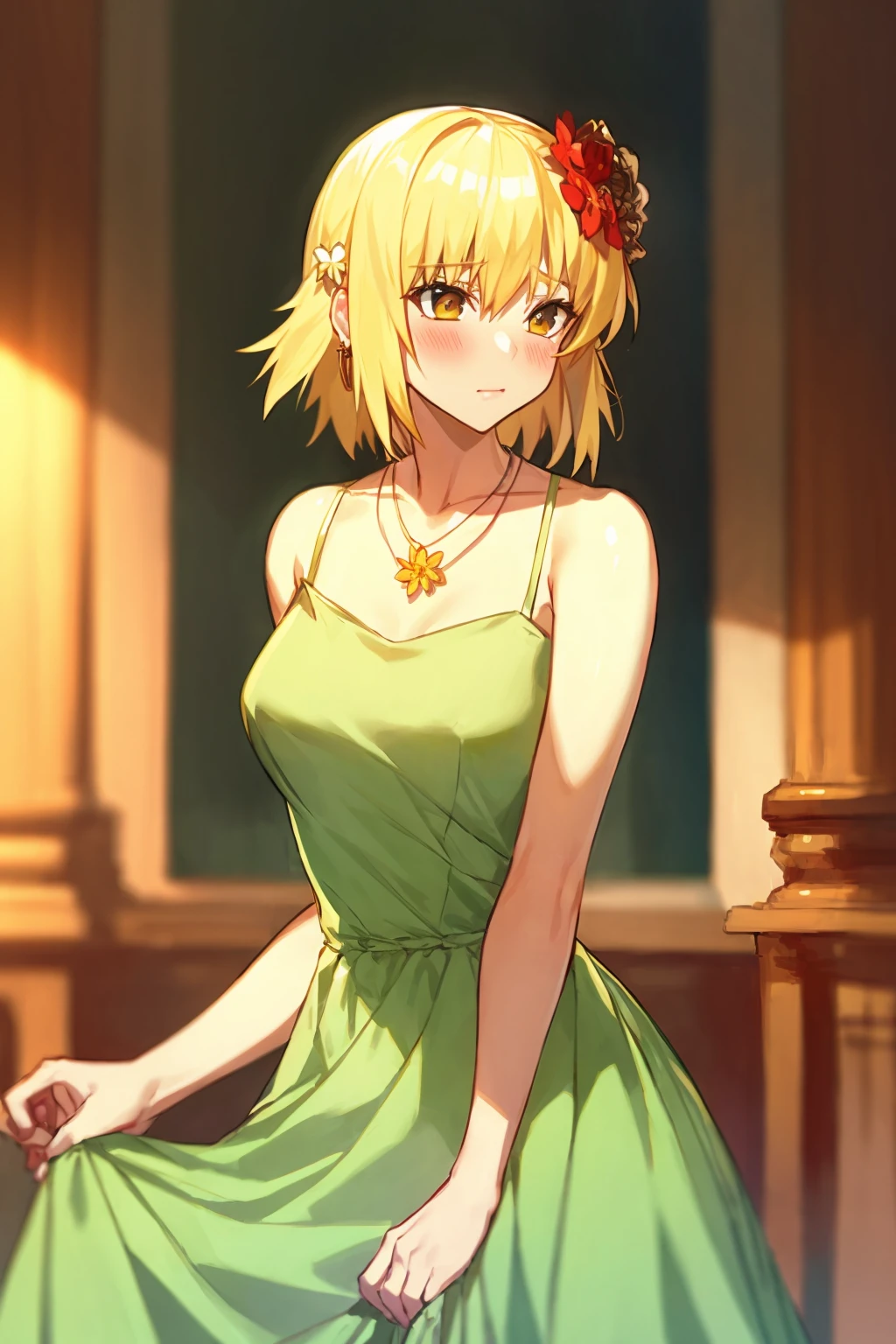 masterpiece, best quality, <lora:cagalli:1>,
1girl, solo, dress, flower, blonde hair, short hair, hair ornament, hair flower, yellow eyes, jewelry, green dress, blush, bare shoulders, necklace,