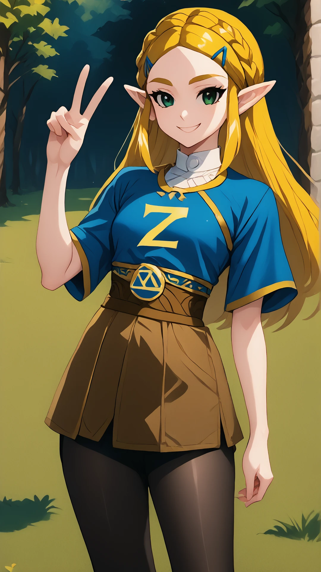 <lora:LettersOnShirtV2:1> WrOnCl, Print-Z, <lora:ZeldaXL:0.8> zelda, blonde hair, long hair, crown braid, green eyes, smile, modeling, blue shirt, pantyhose, light smile, v, score 9, score 8 up, score 7 up, score 6 up, score 5 up, score 4 up, BREAK,