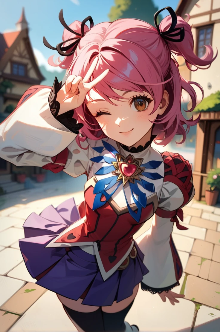 score_9, score_8_up, score_7_up, very aesthetic, source_anime, detailed, high quality, beautiful, masterpiece, detailed eyes,
<lora:lightXL:0.8>
village, blurry background,
upper body, close up, dynamic angle,
 hand above head, wink, light smile, 
<lora:cheria_autismConfetti_v03:0.95>
cheria barnes, pink hair, brown eyes, twintails, two side up, medium hair,
thighhighs, brooch, long sleeves, puffy sleeves, purple skirt, jewelry, black thighhighs, white footwear, (wide sleeves:0.7), pleated skirt, laces,, zPDXL