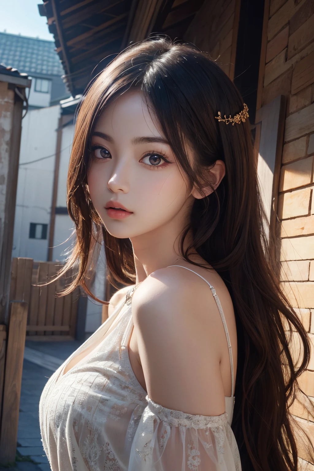 (beautiful detailed eyes, beautiful detailed lips, extremely detailed eyes and face, long eyelashes), (best quality, ultra-detailed, realistic:1.37), portraits, vibrant colors, soft lighting, curvy lines, smooth texture, oil painting, captivating pose, alluring smile, confident presence, feminine charm, sensual ambiance