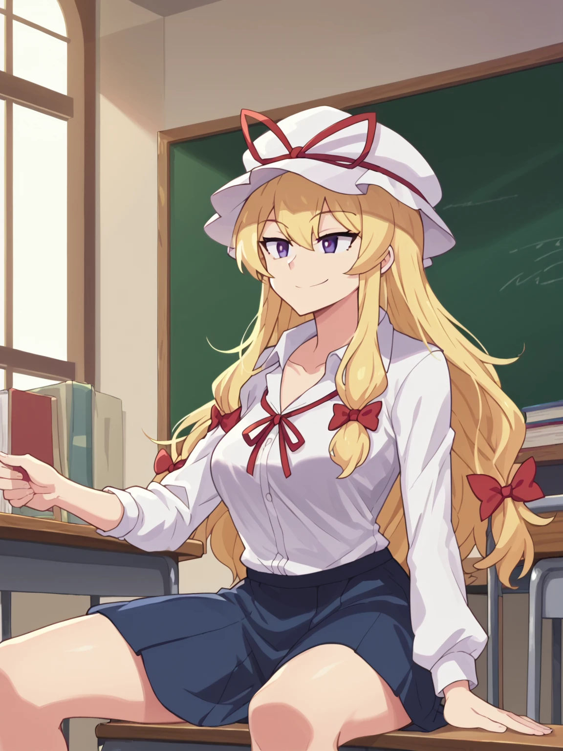 hard shadows, anime screencap, anime_core, score_9, score_8_up, score_7_up, anime screencap, 1girl, <lora:YakumoYukariV4:1> THYukari, mob cap, long blonde hair, hair ribbon, school teacher clothes, <lora:Fizintine_Art_Style_Pony_DIffusion:1> by fizintine, smile, sitting,
