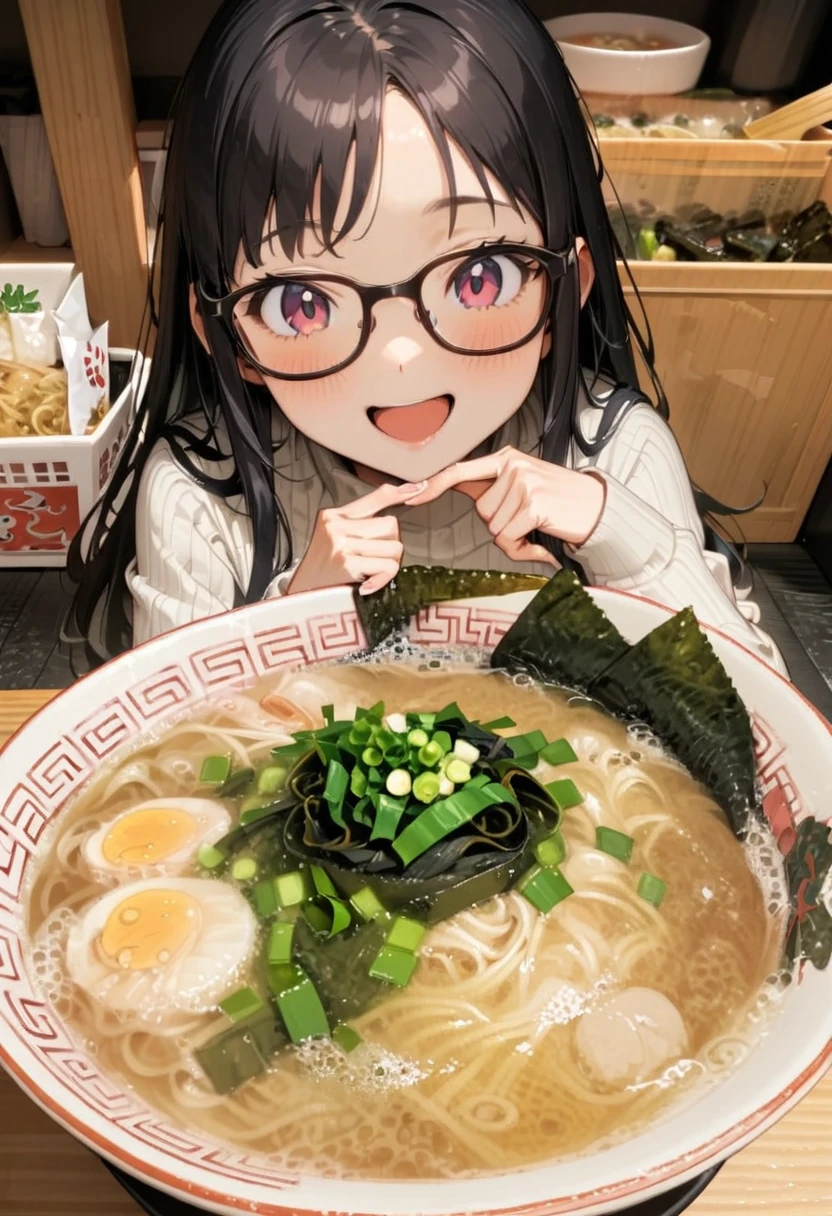 masterpiece, best quality, very aesthetic, absurdres,
1girl, solo, glasses, black hair, long hair, white ribbed sweater, happy, smile, looking at viewer, open mouth, solo focus, sitting, across table, 
shekarashika, ramen, noodles, food, bowl, food focus, spring onion, still life, seaweed
 <lora:shekarashika_SDXL_V1:1>