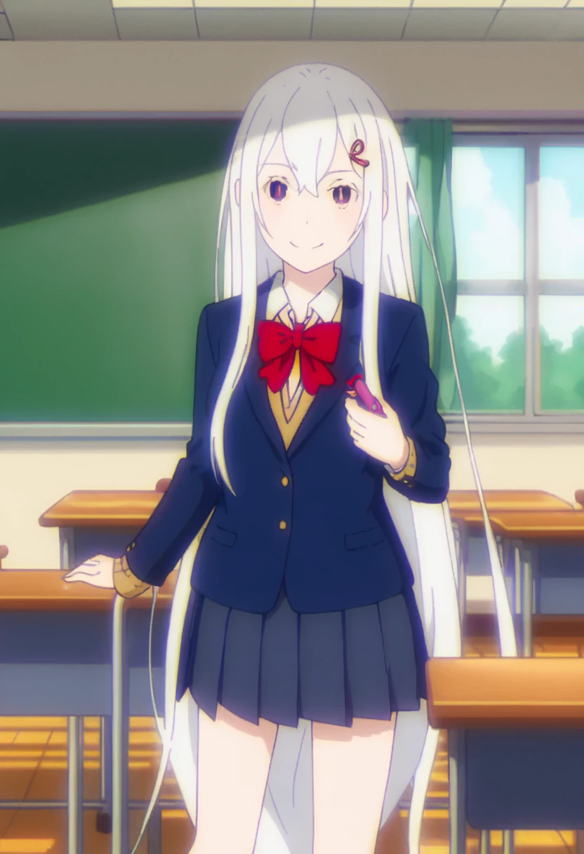 <lora:echidna:1> school uniform, echidna, 1girl, solo, long hair, desk, skirt, school desk, classroom, indoors, white hair, hair ornament, jacket, smile, window, bow, very long hair, blazer, pleated skirt, purple eyes, bowtie, long sleeves, hairclip, red bow, looking at viewer