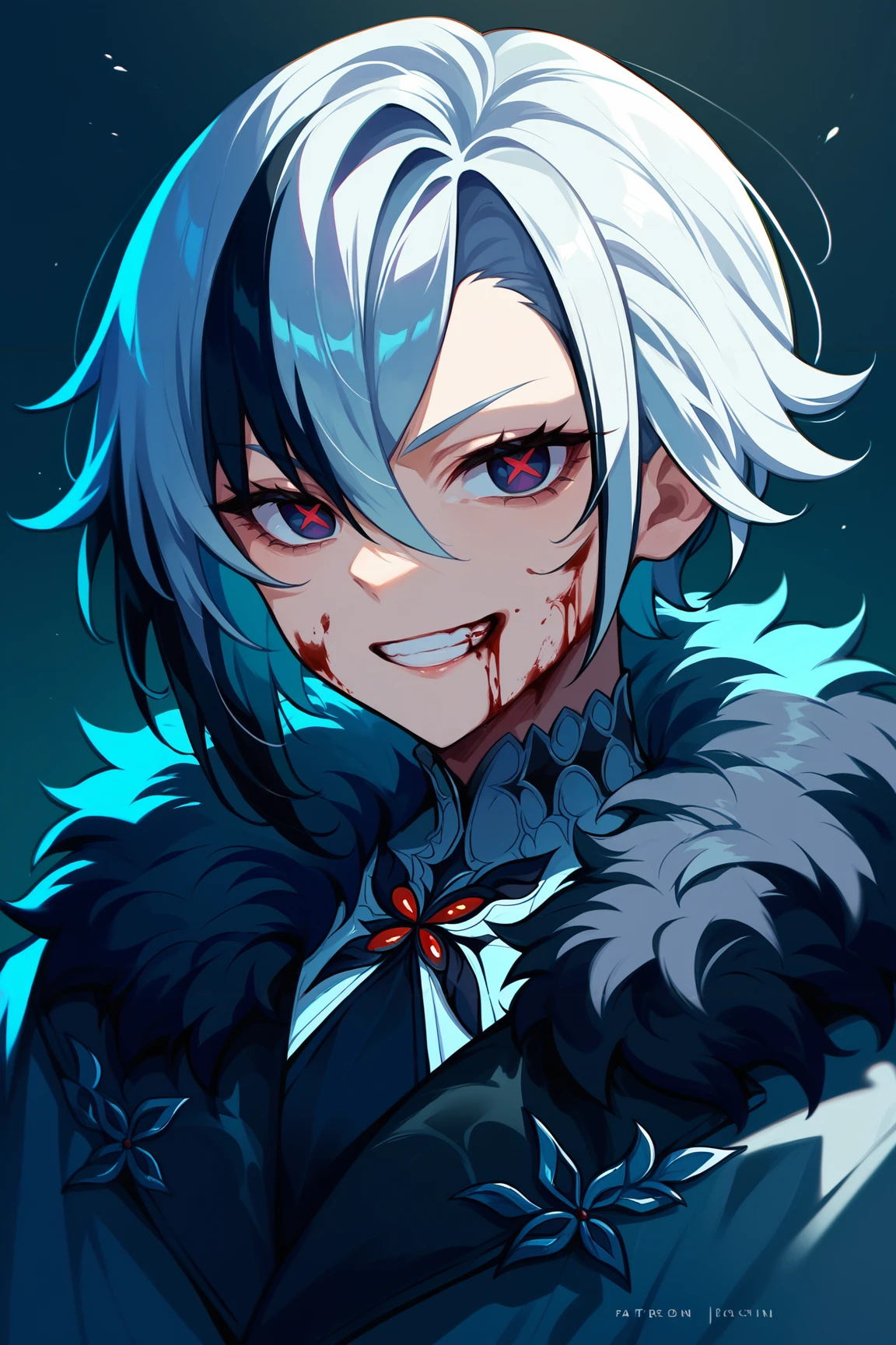 score_9,score_8_up,score_7_up,score_6_up <lora:arlecchino xl pd:0.8> arlecchino gi, 1girl, solo, fur trim, looking at viewer, coat, fur-trimmed coat, hair between eyes, bangs, grin, upper body,tilted head,blood on face, black simple background,