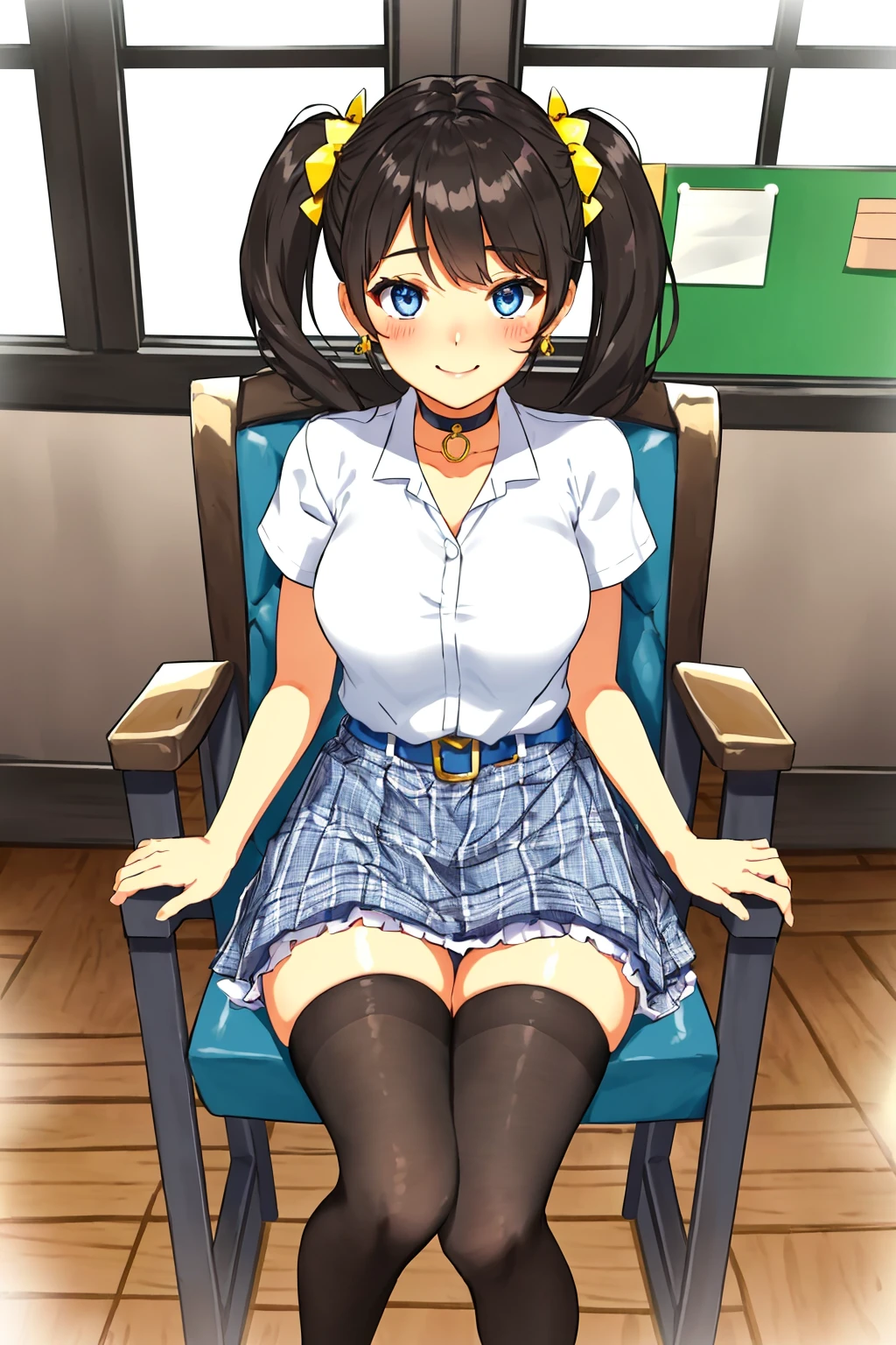 masterpiece, ultra-detailed, best quality, illustration, 8k cg wallpaper, an extremely delicate and beautiful, 1girl, solo, perfect anatomy, cute face, smiling, blushing, sparkling eyes, deep blue eyes, beautiful detailed eyes, dark brown hair, shoulder-length hair, twintails, cute hair accessories, cute earrings, cute choker, slim body, medium breasts, business outfit, perfect arms, cute arm accessories, black belt with gold buckle, light blue plaid skirt, cute thigh-high stockings, perfect legs, cute, pretty, beautiful, sexy, perfect body, (background: office, desk, chair, bulletin board, windows, intricately detailed items in background), <lora:Beyond_Eyes:1>