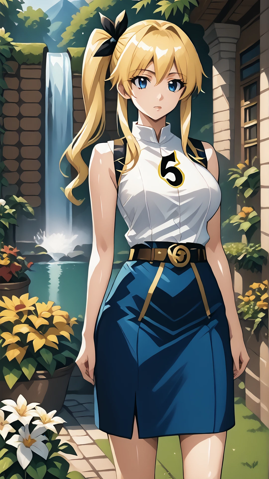 <lora:LettersOnShirtV2:1> WrOnCl, number-5, 1girl, hair ribbon, side ponytail, blonde hair, long hair, large breasts, white shirt, sleeveless, belt, blue skirt, garden, waterfall,