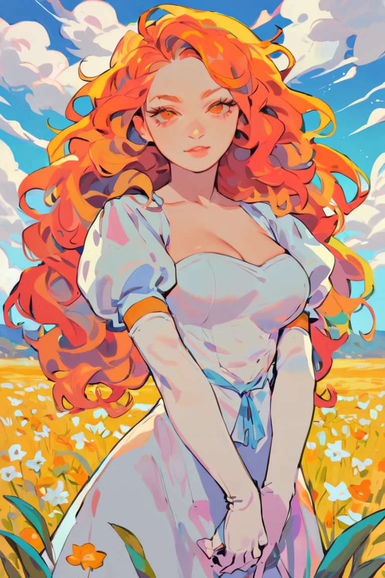 score_9, score_8_up, score_7_up, rating_safe, rainbow style, vibrant colors, vivid colors, 1girl, solo, long hair, curly hair, wavy hair, orange hair, orange eyes, looking at viewer, breasts, dress, white dress, puffy sleeves, puffy short sleeves, short sleeves, gloves, elbow gloves, white gloves, cowboy shot, closed mouth, standing, outdoors, field, flower, grass, plant, sky <lora:Rainbow Style SDXL_LoRA_Pony Diffusion V6 XL:0.8>