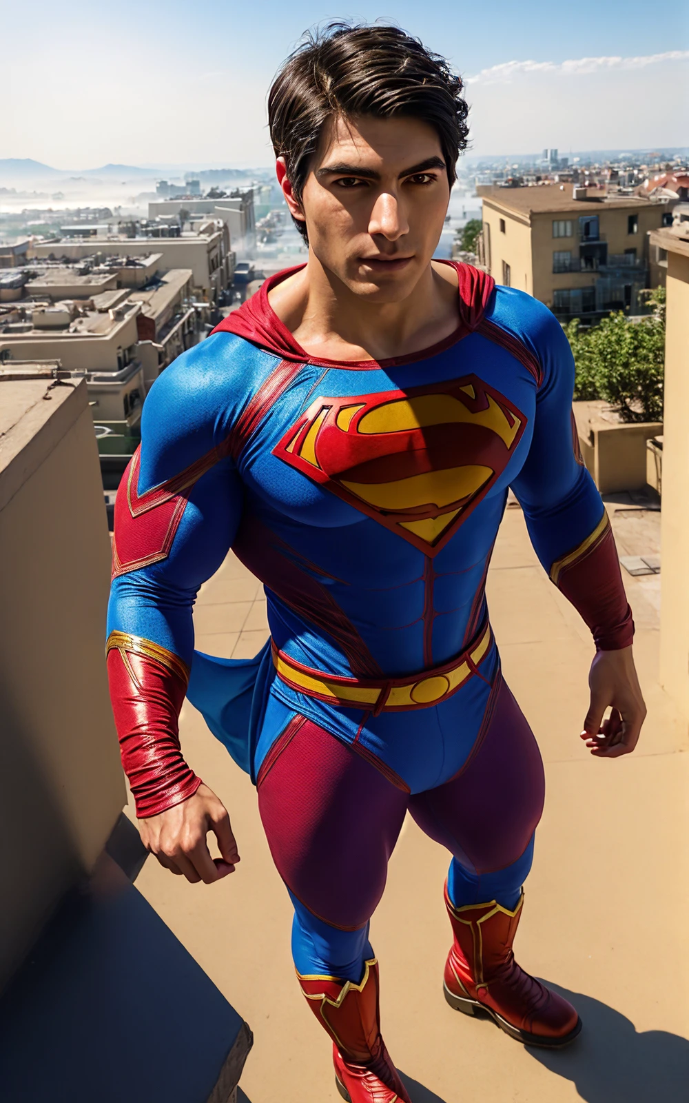 BrandonRouth,  <lora:BrandonRouth (1):1>, as Superboy, ((short hair)), <lora:BulkedUpAIR1.5:0.2>, Bodybuilder:1.3, (wearing tight blue and red superhero costume:1.3), (Matching boots), standing on rooftop:1.2, High detail professional high angle photograph, (very large round pecs), (blue sky background), ripples, light fog, (streams of crackling magic energy around the subject), sexy look, skin pores, (((fantasy theme))), matte, warm pastel colors, backlighting, depth of field, natural lighting, hard focus, ray traced, (natural looking face), 1/2 body crop, 8 5 mm art lens, f 1. 2, sharp focus, 8 k high definition, insanely detailed, intricate, (full body shot:1.2)