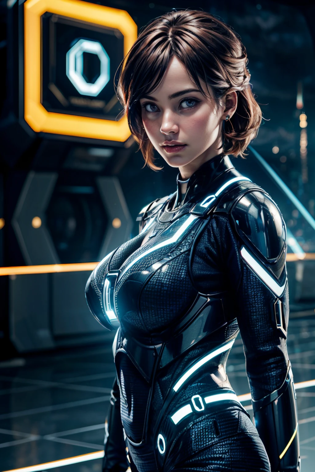 (ultra realistic,32k, masterpiece:1.2),(high detailed:1.1),( high quality:1.1),  <lora:CiTron_Legacy:0.8>, ciTron Legacy, solo, 1boy, upper body, male focus, bodysuit, helmet, no face, big breasts, huge breasts, chromatic aberration,  blooming stars, luminescent lights, otherworldly fragrance blurry background, (looking at viewer, standing:1.1), huge breast, large breast, <lora:add_detail:0.92>, (glowwave:1.1),