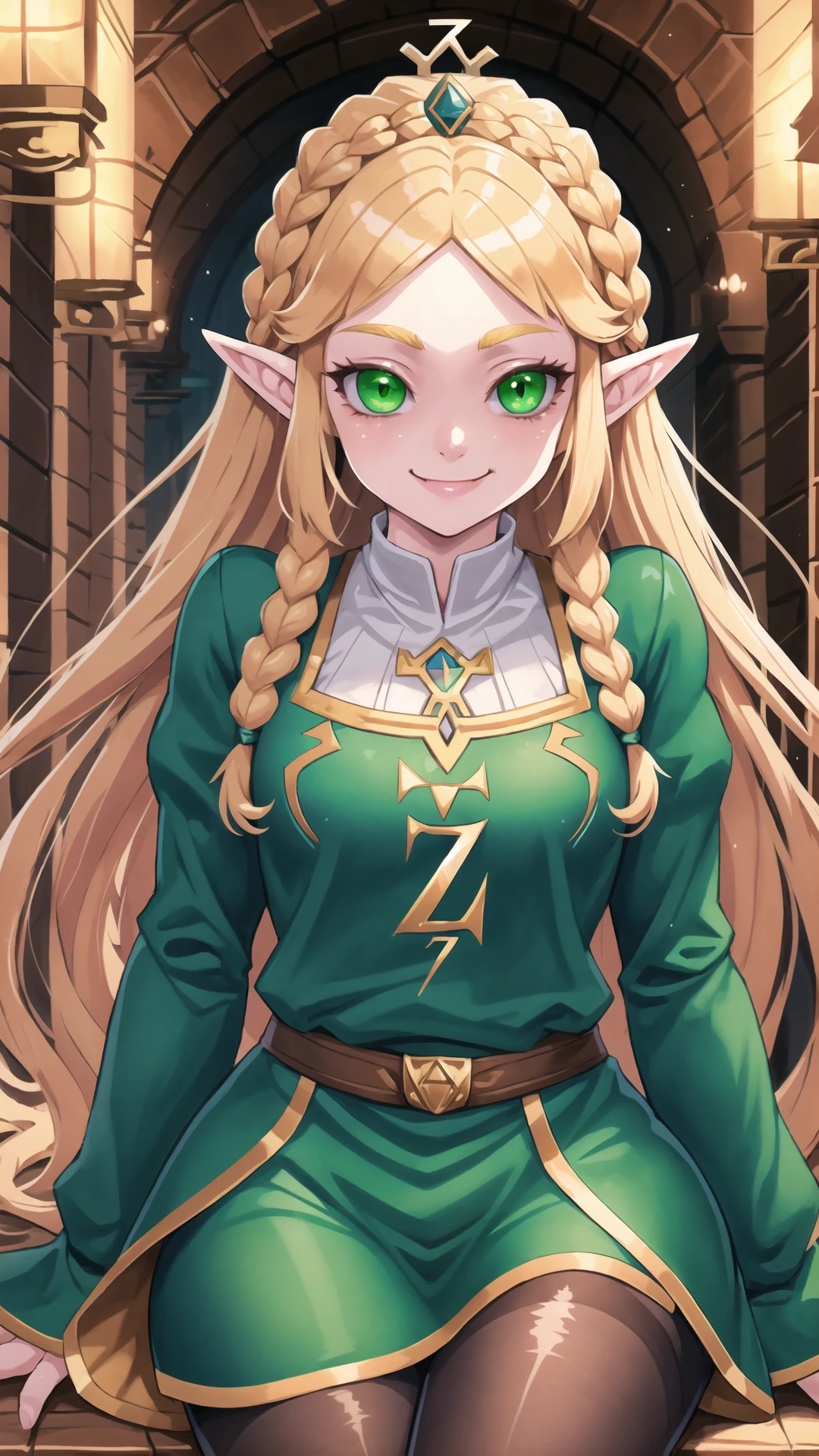 <lora:LettersOnShirtV2:1> WrOnCl, Print-Z, <lora:Zelda:0.25> zelda, blonde hair, long hair, crown braid, green eyes, smile, modeling, blue shirt, pantyhose, light smile, v, score 9, score 8 up, score 7 up, score 6 up, score 5 up, score 4 up, BREAK,