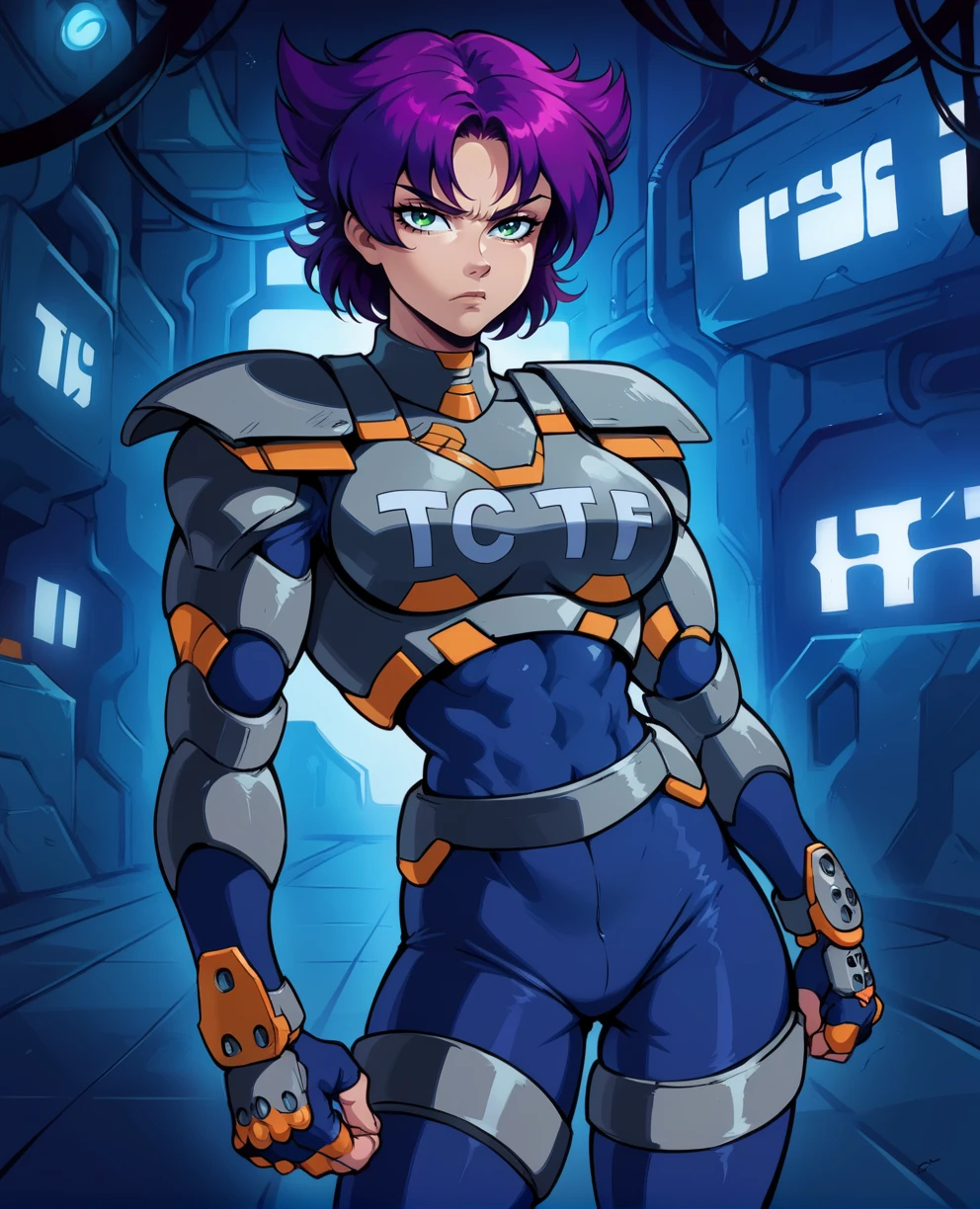 Konokoxl,purple hair,bangs,green eyes,short hair,
standing,TCLF,armor,toned,serious, 
bodysuit,grey shoulder pads,fingerless gloves,
midnight,science fiction,night city,<lora:KonokoXL:1>,