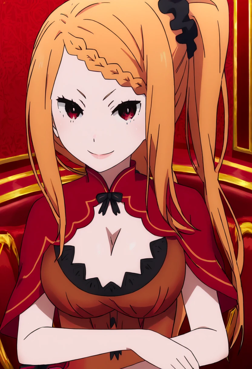 <lora:Priscilla_Barielle:0.6>, nsfw, best quality. Priscilla_Barielle, person, 1girl, red_eyes, blonde_hair, red and black dress, green neklace, black and red hair_ornament, large_breasts, cleavage, bridal_gauntlets, standing, (breasts_out:1.31), nipples