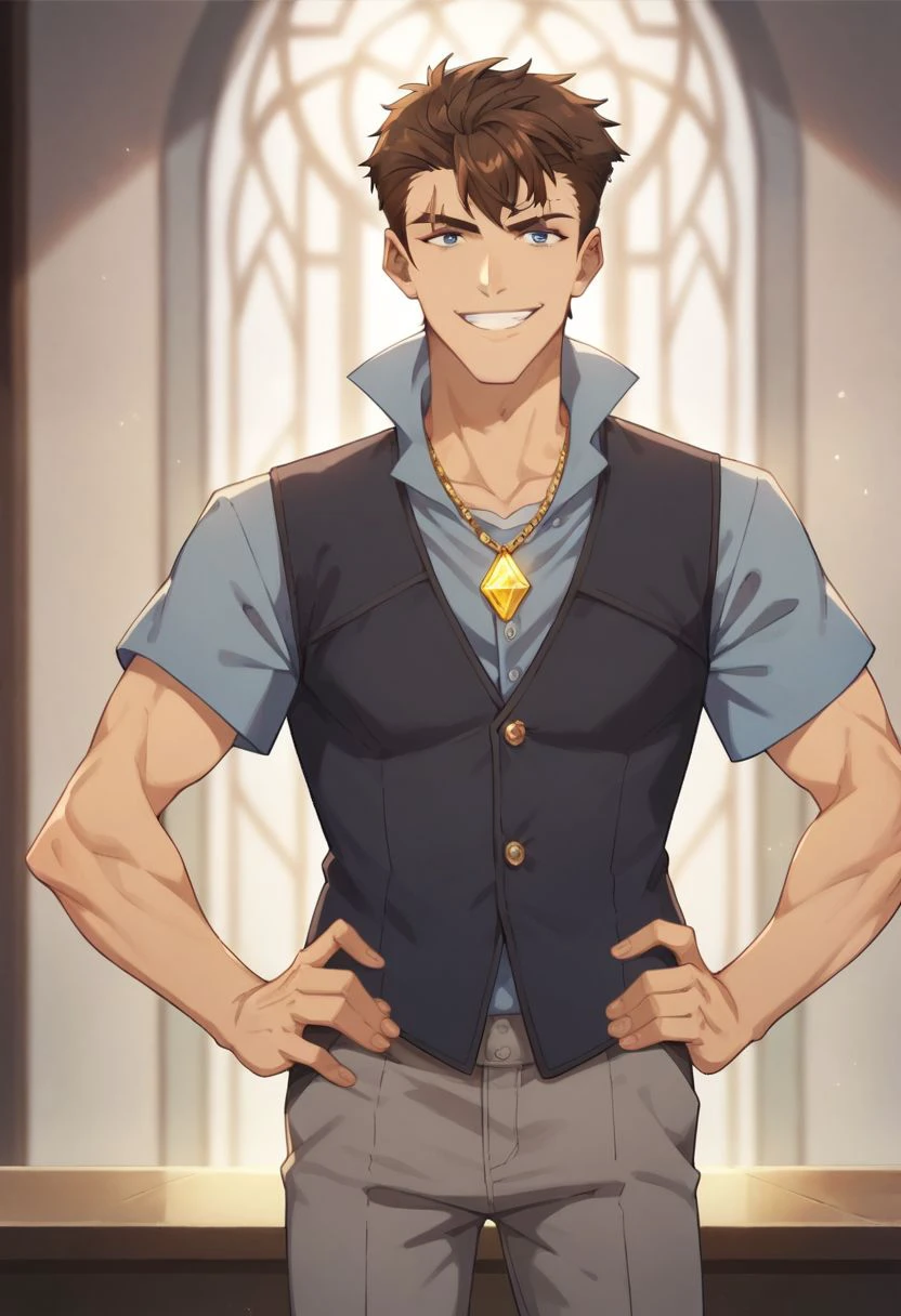 score_9, score_8_up, score_7_up, 
1boy, solo, adult, brown hair, blue eyes, eyebrow scar, black simple vest, blue shirt, yellow gem necklace, grey pants, hands on hip, smile, looking at viewer, portrait
masterpiece, best quality, very aesthetic, absurdres