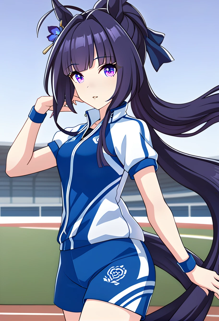 1girl,solo,raiden_mei,horse girl,horse ears,horse tail,athletics track,newest,medium quality,general,masterpiece,<lora:PrettyDerby_v1.2_sanstans-000200:0.9>,