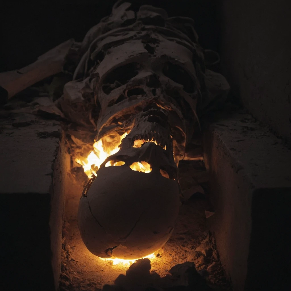 cinematic,  inside crematorium, broken (glowing skull:1.4) lying on the back, <lora:crematorium-000018:1>