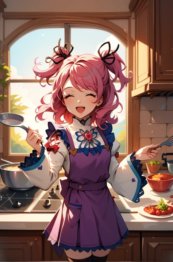 score_9, score_8_up, score_7_up, very aesthetic, source_anime, detailed, high quality, beautiful, masterpiece, detailed eyes,
<lora:lightXL:0.8>
kitchen, indoor, blurry background,
upper body, close up, 
apron, cooking, closed eyes, smile, open mouth,
<lora:cheria_autismConfetti_v03:0.95>
cheria barnes, pink hair, brown eyes, twintails, two side up, medium hair,
thighhighs, brooch, long sleeves, puffy sleeves, purple skirt, jewelry, black thighhighs, white footwear, (wide sleeves:0.7), pleated skirt, laces,, zPDXL