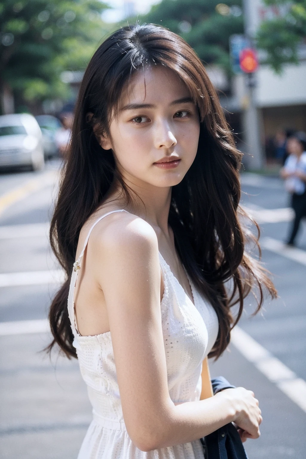 Best quality, masterpiece, ultra high res, (photorealistic), raw photo,1girl, skinny, upper body,solo, realistic, looking at viewer, long hair, bokeh background, city streets, sleveless dress,  <lora:makina69_izumisakai_v1.0:1>