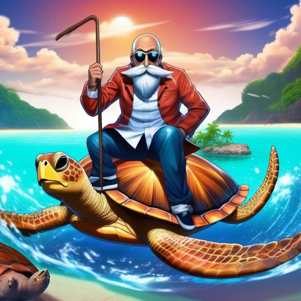 anime artwork a man on top of a turtle with a cane and a beard and sunglasses on his head, beach, jungle<lora:MasterRoshi1024-40:0.8> . anime style, key visual, vibrant, studio anime,  highly detailed