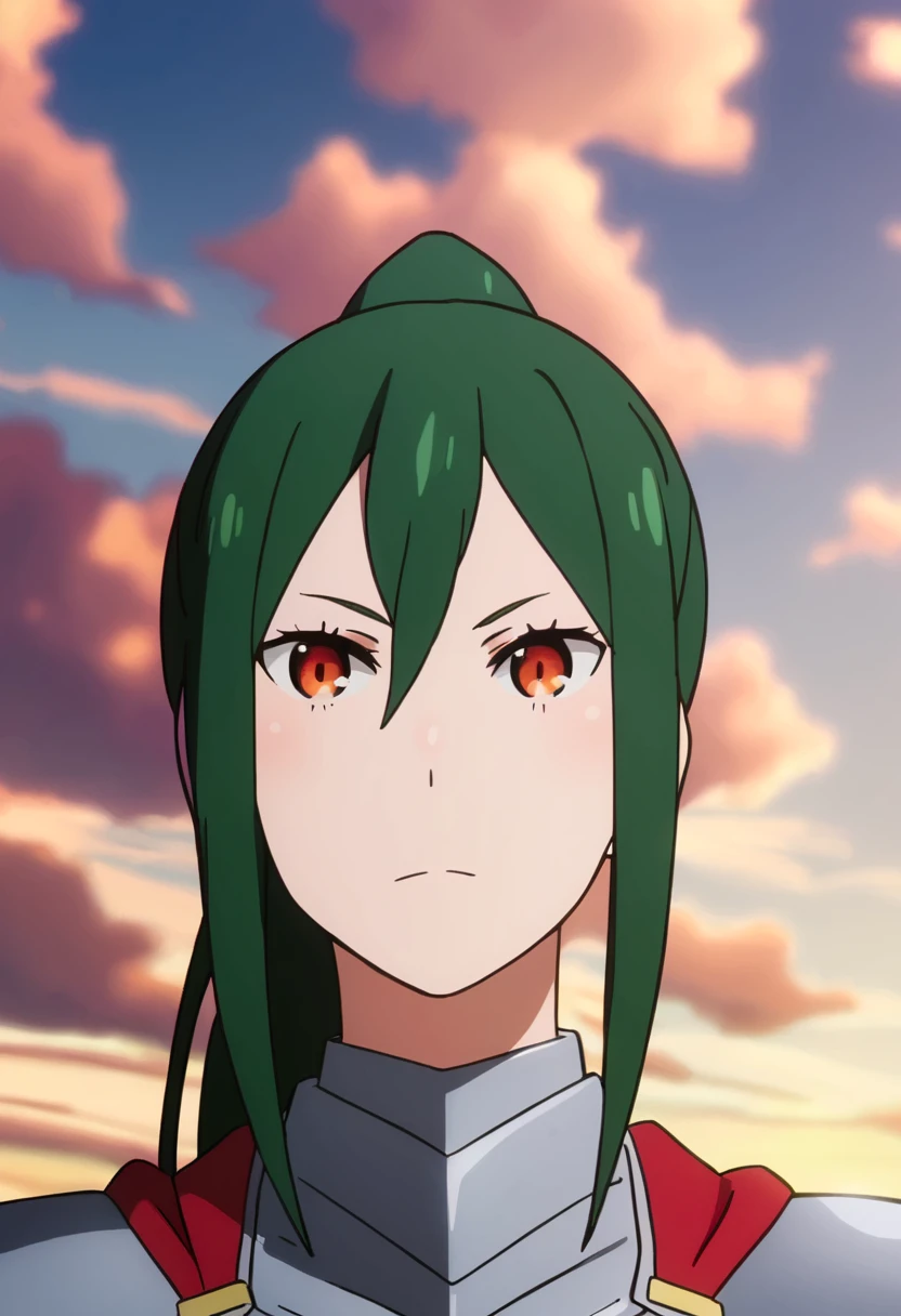 <lora:crusch_karsten:1> armor, crusch karsten, 1girl, solo, ponytail, green hair, long hair, looking at viewer, cloud, brown eyes, sky, hair between eyes, breastplate, upper body, day, parody