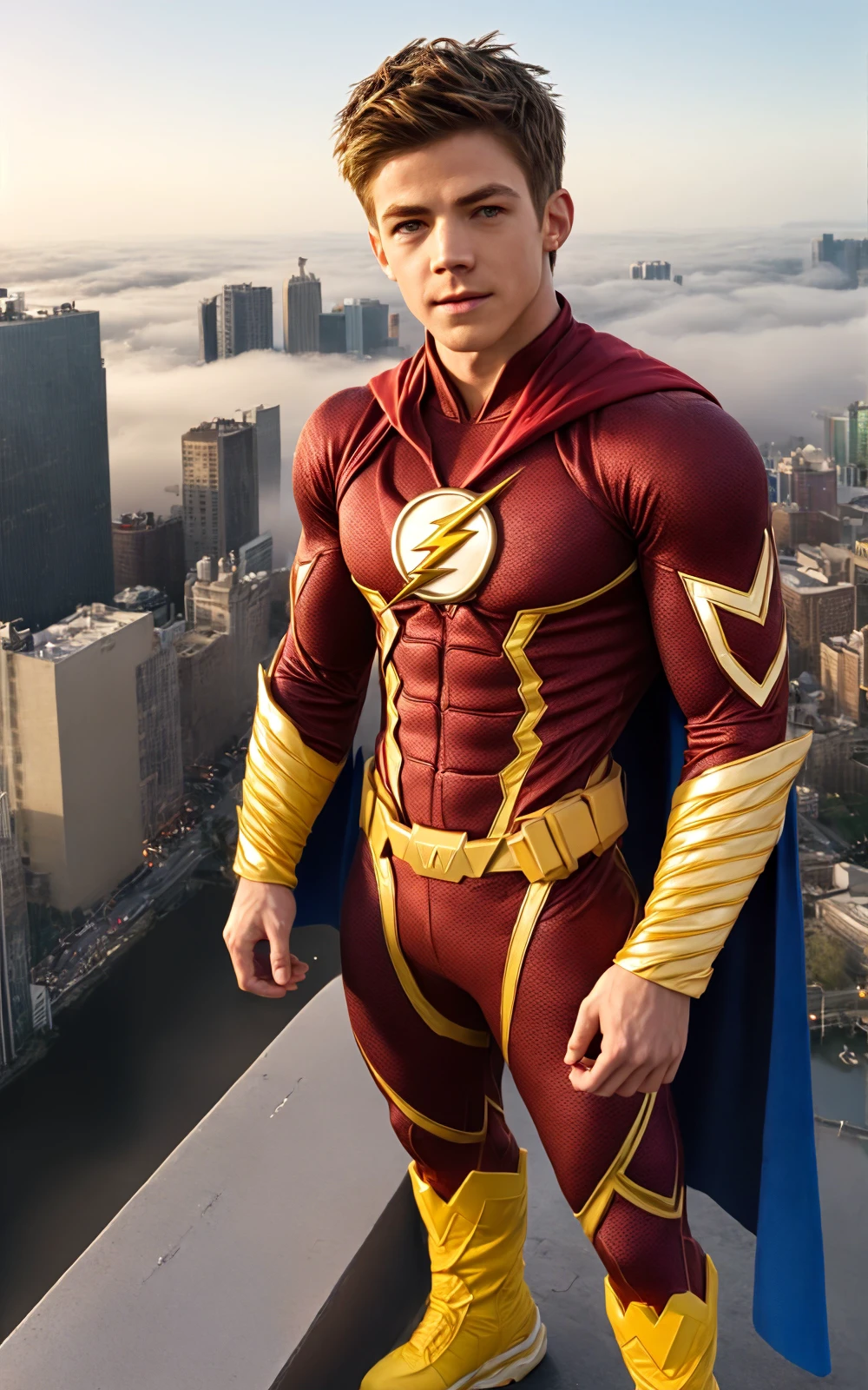 <lora:GrantGustin (1):1.1>, grantgustin as The Flash Superhero, ((short hair)), <lora:BulkedUpAIR1.5:0.1>, Bodybuilder:1.1, (wearing tight The Flash red and yellow costume:1.3), (Matching boots), standing on rooftop:1.2, High detail professional high angle photograph, (very large round pecs), (blue sky background), ripples, light fog, (streams of crackling magic energy around the subject), sexy look, skin pores, (((superhero theme))), matte, warm pastel colors, backlighting, depth of field, natural lighting, hard focus, ray traced, face and upper body focus:1.3, 8 k high definition, insanely detailed, intricate, (full body shot:1.2)