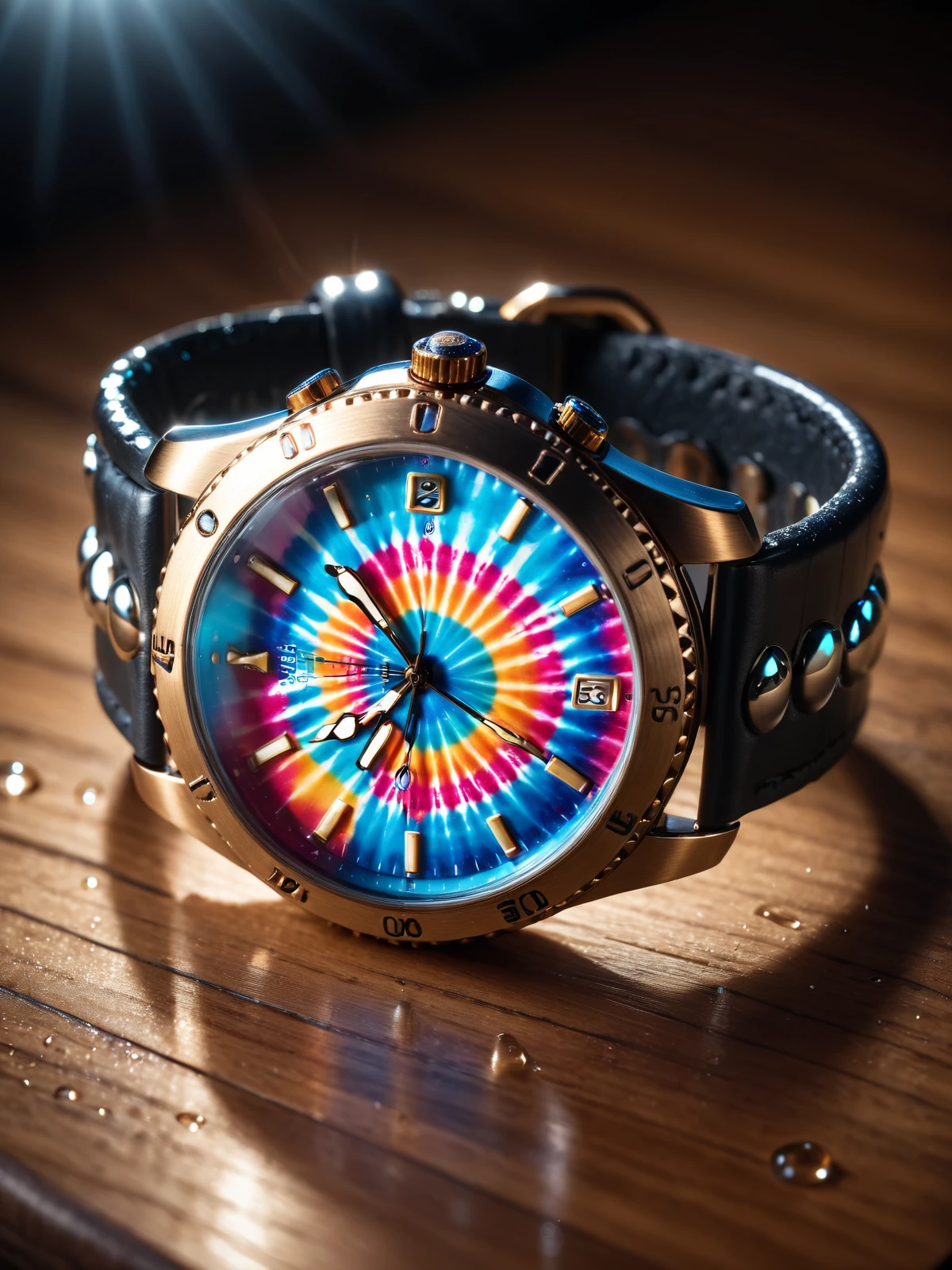 close-up of a mad-tie-dye watch with leather wristband lying on a wooden table and covered with water droplets, spotlight, reflection, dramatic lighting, cinematic shot <lora:Colorful_TieDye_SDXL_v2:0.6>, masterpiece, best quality, ultra high res, (photorealistic, realistic:1.2), deep shadow, raw photo, film grain, Fujifilm XT3, 8k uhd, dslr