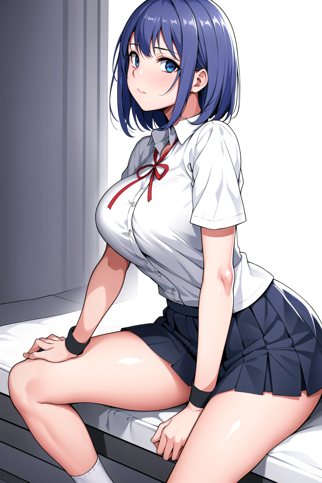 (masterpiece:1.2), best quality, high resolution, unity 8k wallpaper, (illustration:0.8), (beautiful detailed eyes:1.6), extremely detailed face, perfect lighting, extremely detailed CG, (seishirou tsugumi, red eyes, black hair, short hair, hair ribbon, big breast, solo,), sitting, spread legs, Sailor suit, cameltoe, front open clothes, pull up breast, no bra, show off nipple, nipple, Open-chested clothing, very short skirt, lace white panties, open vagina, gleaming skin, moist skin, embarrassed, open mouth, noon, in the cafe, from below, looking at viewer, happy smile,