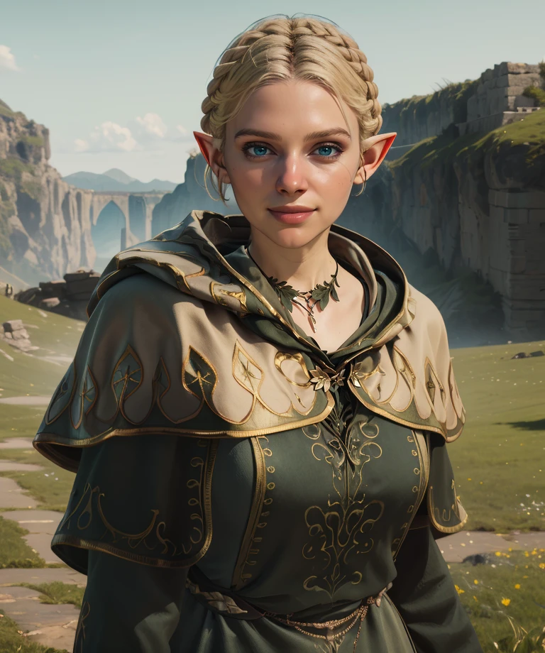 Doireann,blonde hair,short hair,braid,pointy ears,blue eyes,
green dress,necklace,capelet,light smile,
standing,upper body,looking at viewer,
outdoors,spring,
(insanely detailed, masterpiece, best quality),solo,<lora:Doireann:0.8>,