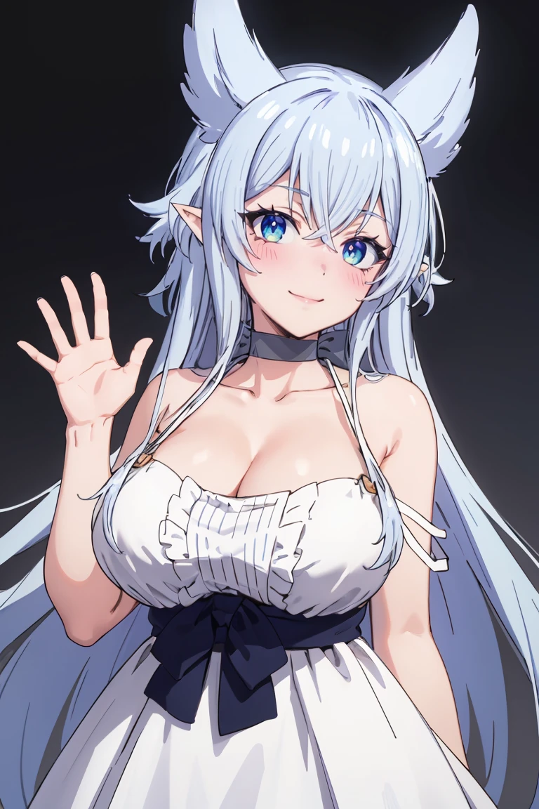 masterpiece, best quality, ultra-detailed, glistening shiny, glowing light, ray tracing, HDR, deph of field, (perfect face, detailed face),  <lora:Fenrys:0.7>, fenrys, long hair, blue eyes, hair flaps, pointy ears, large breasts, smile, blush, white dress, black bow, gray choker, strap slip, cleavage, waving