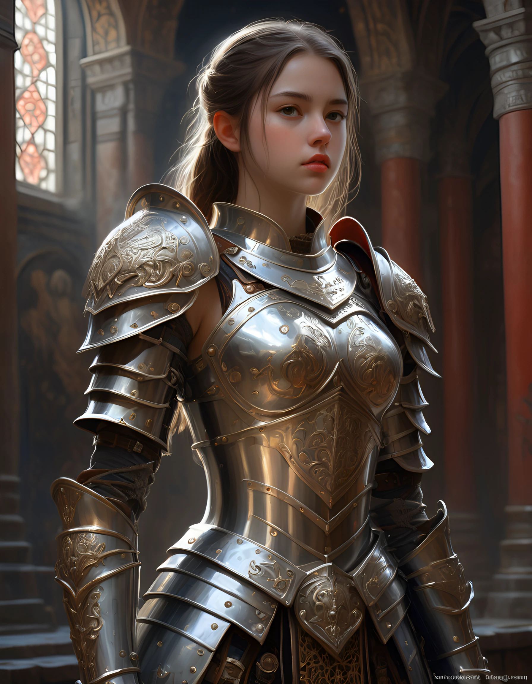Photo of a beautiful girl as a warrior, model shoot style, extremely detailed CG unity 8k wallpaper, full body shot of the most beautiful artwork in the world, ornate medieval plated armor, professional majestic oil painting style by Ed Blinkey, Atey Ghailan, Studio Ghibli, by Jeremy Mann, Greg Manchess, Antonio Moro, trending on ArtStation, trending on CGSociety, Intricate, High Detail, Sharp focus, dramatic, photorealistic painting art by midjourney and Greg Rutkowski.
