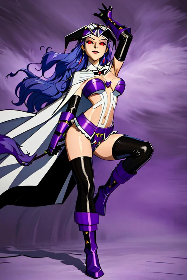 high resolution, masterpiece, high quality, perfect face,  <lora:DarkAlthena-000001:.9> Althena, red eyes, purple bikini, white straps, white cape, black gloves, purple gauntlets, black stockings, long blue hair, black tiara, seductive smirk, extremely glossy, purple boots, full body