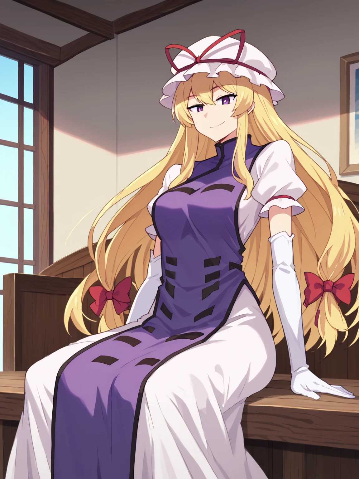 hard shadows, anime screencap, anime_core, score_9, score_8_up, score_7_up, anime screencap, 1girl, <lora:YakumoYukariV4:1> THYukari, mob cap, long blonde hair, hair ribbon, elbow gloves, white dress, purple tabard, <lora:Fizintine_Art_Style_Pony_DIffusion:1> by fizintine, smile, sitting,