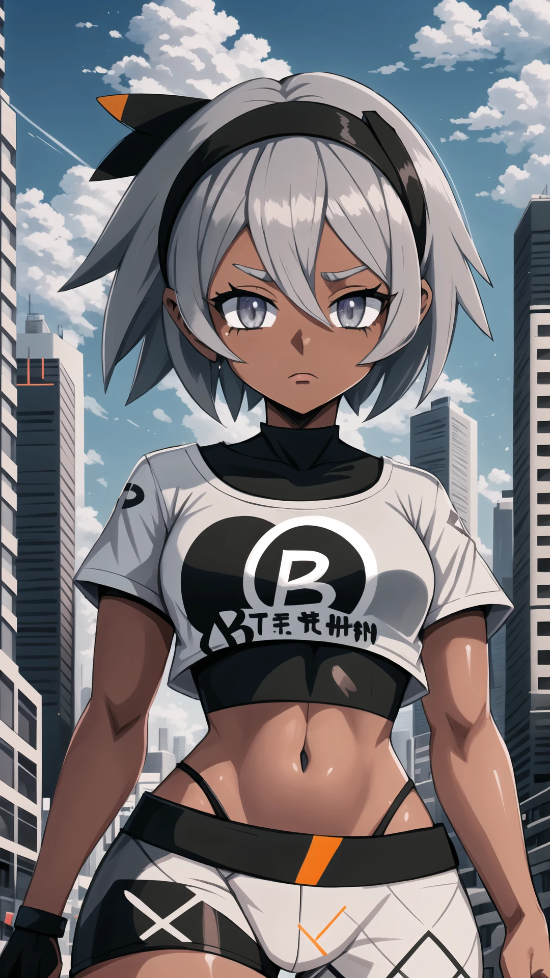 <lora:LettersOnShirtV2:1> WrOnCl, Print-B, city, cityscape, skyline, clouds,  <lora:Bea_Pokemon:0.8> bea (pokemon),   black hairband, dark-skinned female, hair between eyes, grey hair, short hair, grey eyes, crop top, print shirt, bodysuit, shorts, single glove,