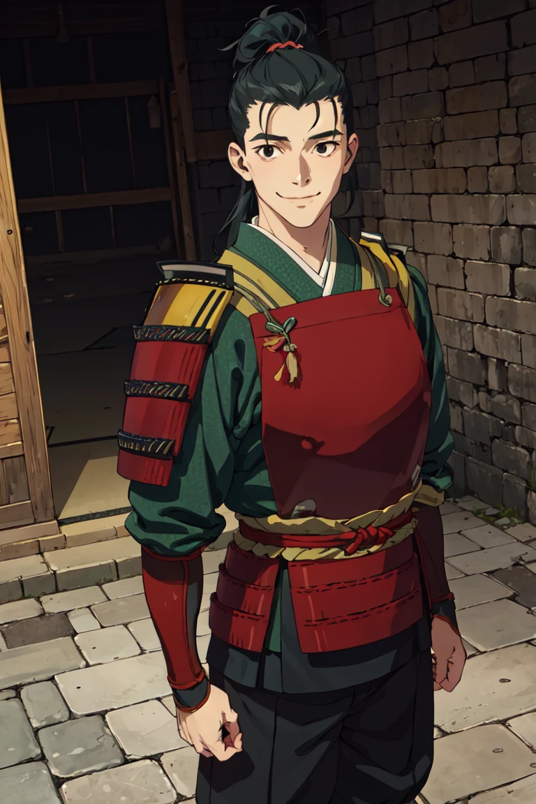 solo male, Shuro \(Delicious in Dungeon\), samurai, black eyes, black hair, ponytail, neat hair, shaved face, energetic, smile, japanese armor, green Juban \(kimono\), breastplate, kusazuri, shoulder armor, sode, kote, puttee, sandals, handsome, charming, alluring, standing, upper body, perfect anatomy, perfect proportions, best quality, masterpiece, high_resolution, dutch angle, cowboy shot, photo background<lora:EMS-352607-EMS:0.800000>