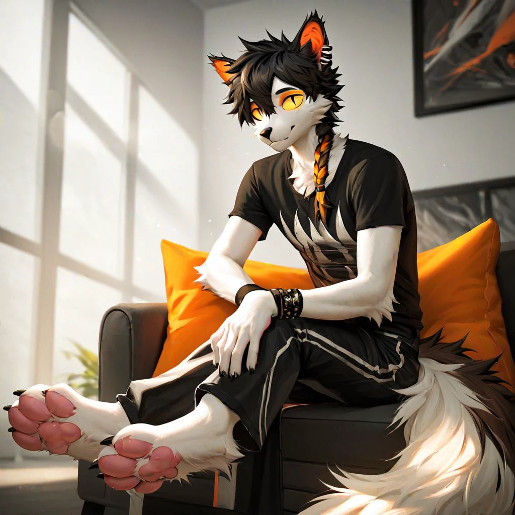 score_8_up, 4k, (realistic, furry, soft lighting), 1boy, living room, solo anthro male cat (Aak (Arknights)), fluffy, fuzzy, looking at viewer, white face, black nose, slim body, black hair, orange braid, hair obscuring eye, orange braid, yellow sclera, earrings, fluffy tail, slit pupils, black shirt, goth clothing, orange mascara, bracelets, black pants, sitting, paws, pink pawpads, black claws,