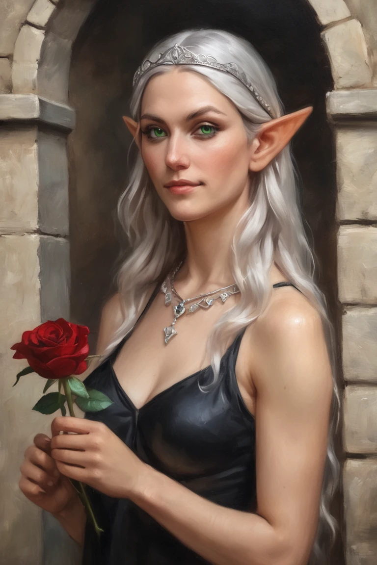 score_9, score_8_up, score_7_up, rating_safe, painterly, faux traditional media, realistic, 1girl, solo, elf, pointy ears, long hair, very long hair, white hair, green eyes, portrait, looking at viewer, red dress, tiara, silver tiara, holding, holding flower, rose, red rose, necklace, jewelry, cowboy shot, standing, outdoors, castle 