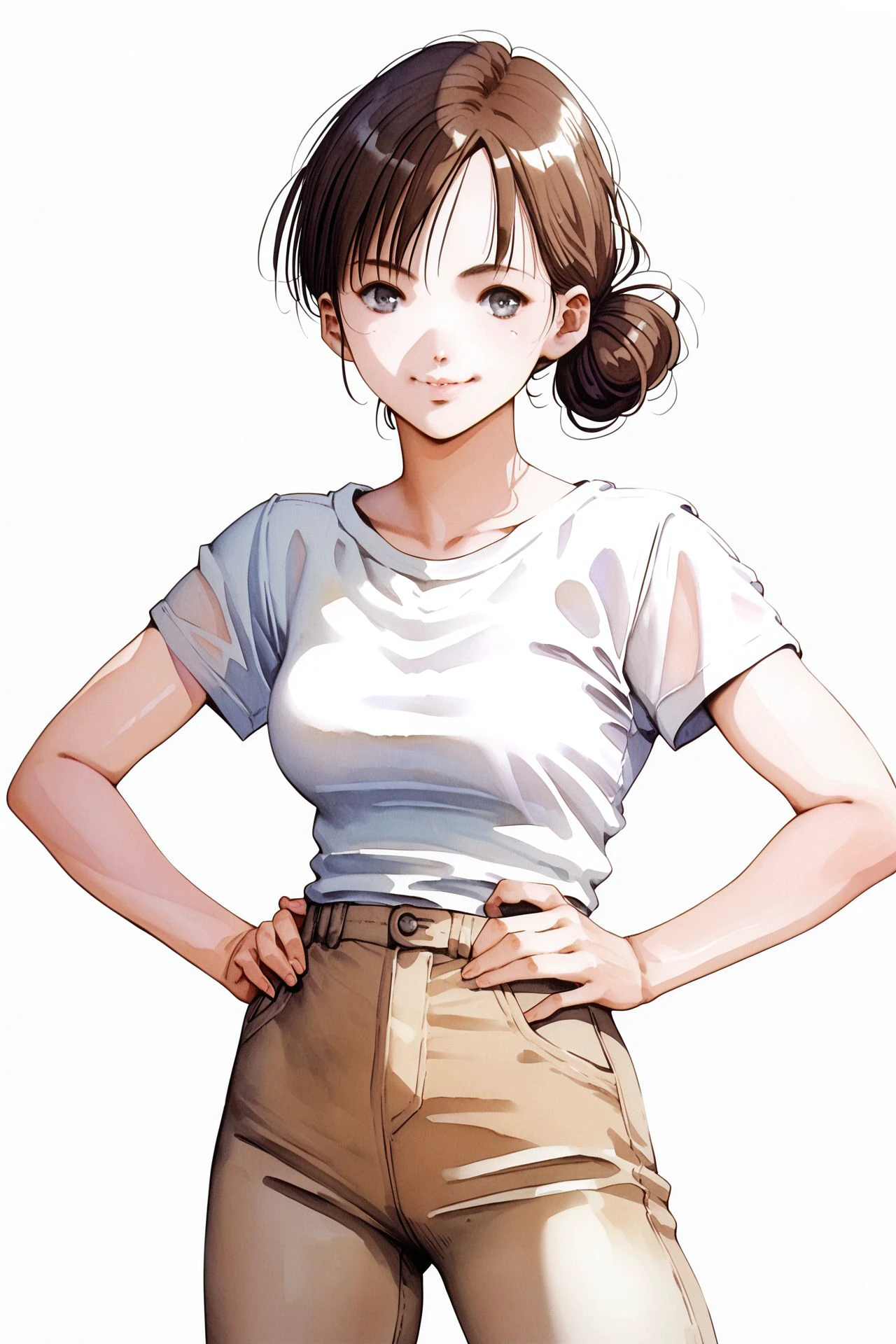 score_9, score_8_up, score_7_up, 1girl, smile, looking at viewer, dark_brown hair, heavy_fringe, light_grey eyes, breasts, hands_on_hip, lavender_background, watercolor \(medium\),  <lora:Mikimoto_Haruhiko_PonyXL_style_v01:1>