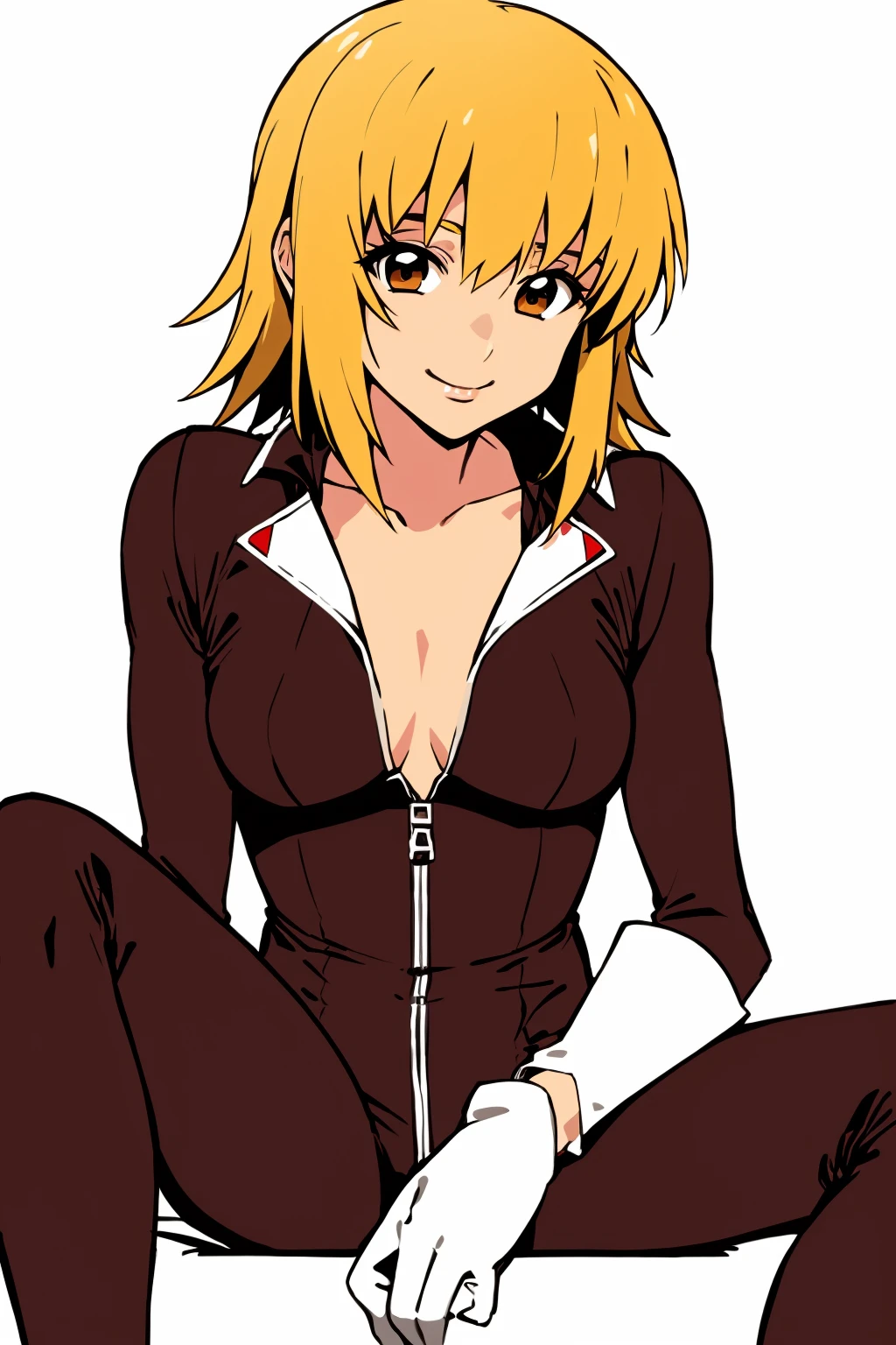 masterpiece, best quality, <lora:cagalli:1>,
1girl, solo, breasts, blonde hair, cleavage, brown eyes, bodysuit, white background, sitting, looking at viewer, simple background, medium breasts, gloves, smile, collarbone, headwear removed, helmet, closed mouth, flat color, medium hair, white gloves