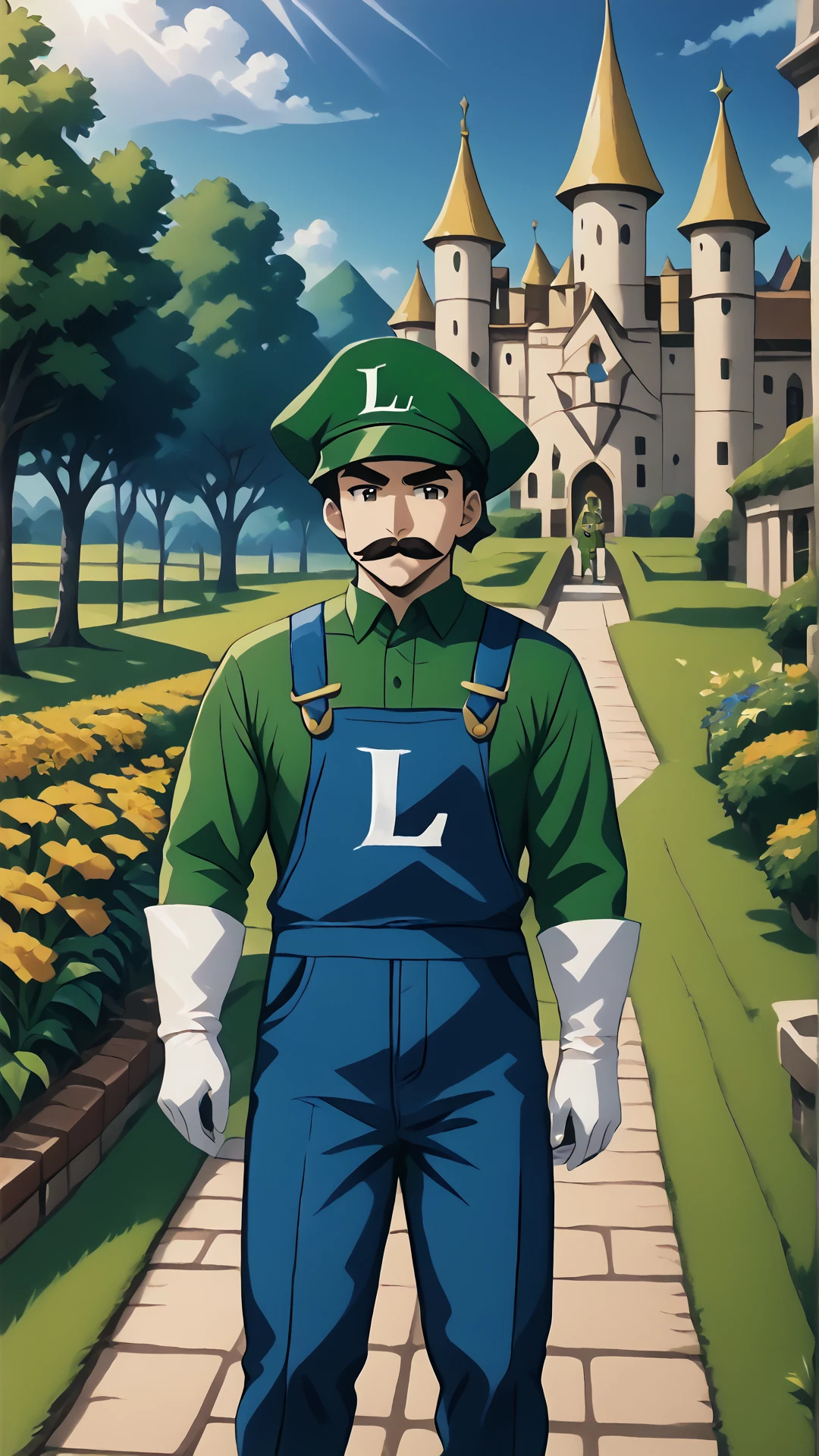 <lora:LettersOnShirtV2:1> WrOnCl, Print-L, 1boy, green headwear, blue overalls, white gloves, long sleeves, green shirt, mustache, castle, garden, sunbeam,