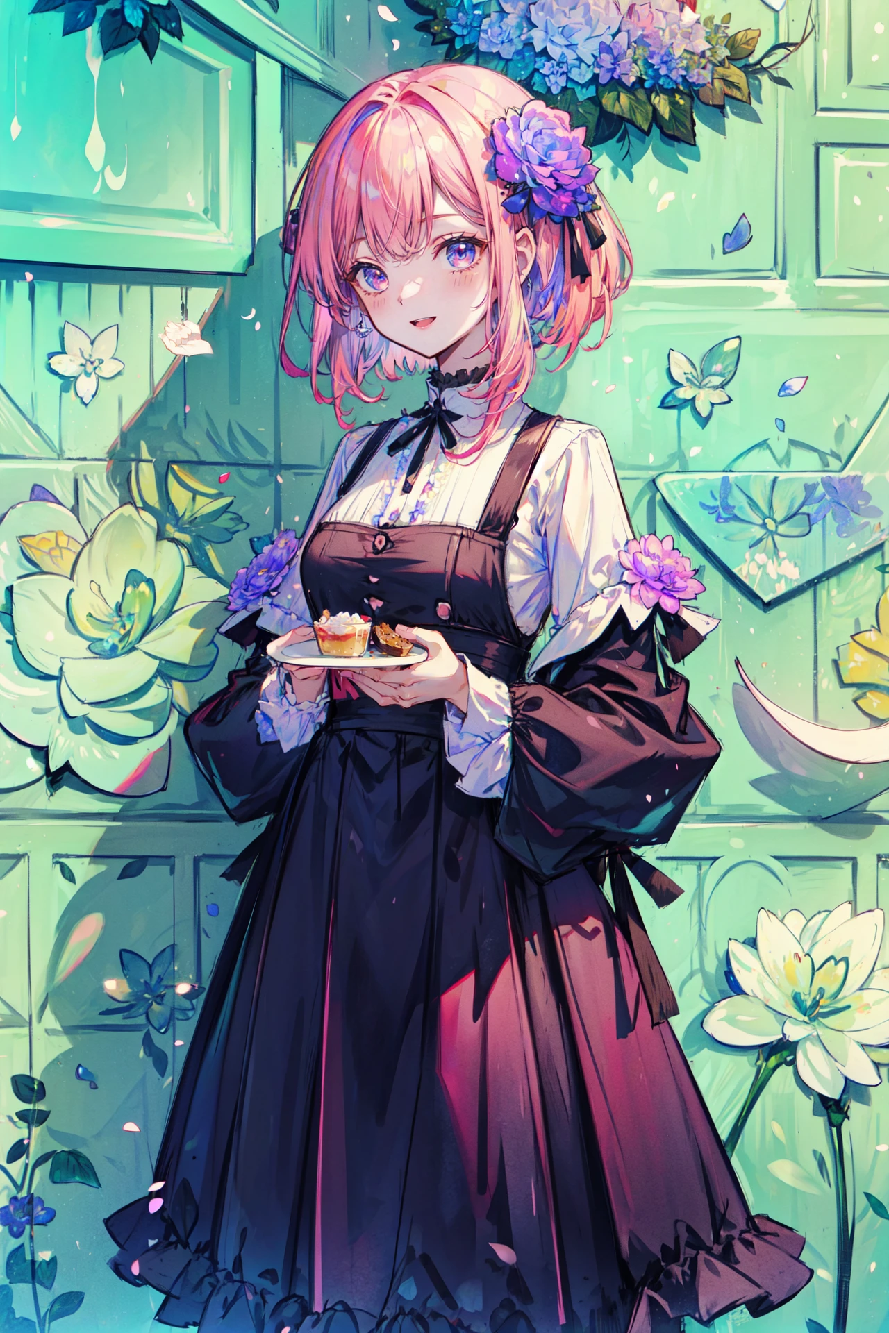 ((best quality, masterpiece, absurdres, super-resolution)) pop culture modern aesthetic cafe, bright, (flower wall:2), (2 girls), parfait \(dessert\),