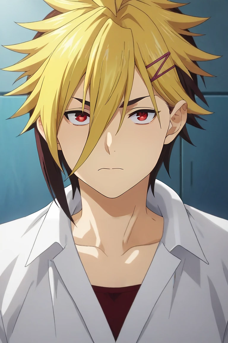 score_9, score_8_up, score_7_up, source_anime, (photorealistic:0.6), looking at viewer, upper body, , 1boy, solo, male focus, <lora:terunori_kuga_pony:0.98>, terunori_kuga, blonde hair, red eyes, multicolored hair, two-tone hair, brown hair, dyed bangs, hair ornament, hairclip, bangs, hair between eyes, , A fairytale land where magical creatures live and thrive, Hands on the back of the neck, indicating frustration or stress, <lora:sdxl_lightning_8step_lora:1>