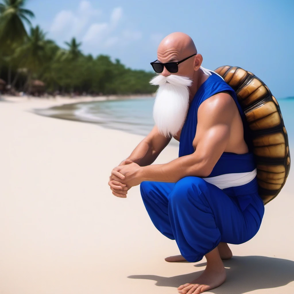 cinematic photo a very skinny bald old man, white beard, white tanktop, blue pants, sunglasses, giant turtle shell as backpack, beach jungle, giant turtle, Master Roshi, dragon ball<lora:KameSennin1024-000010:0.8> . 35mm photograph, film, bokeh, professional, 4k, highly detailed