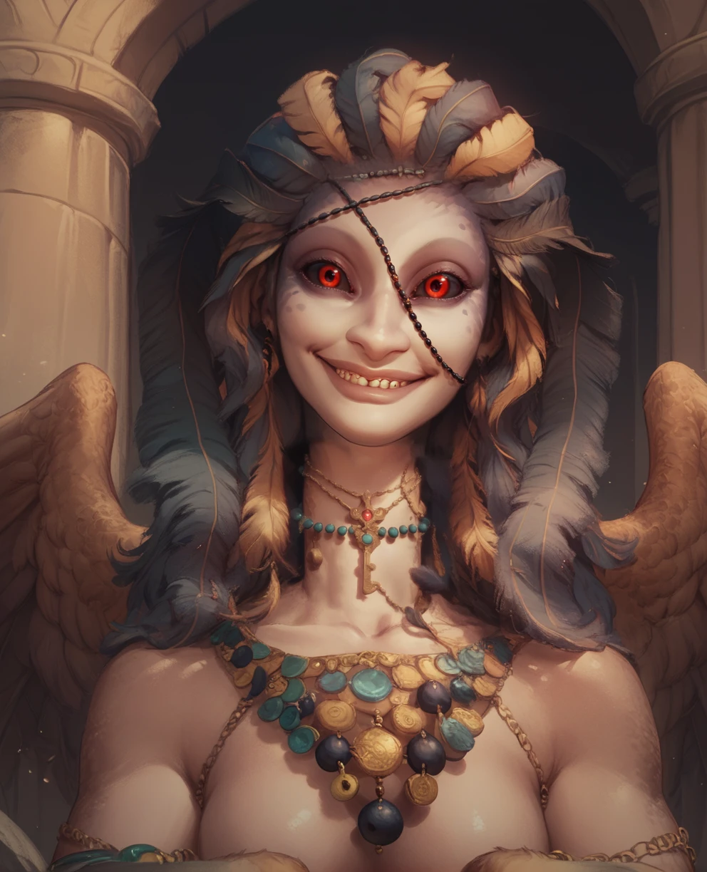 score_9,score_8_up,score_7_up,score_6_up,score_5_up,score_4_up,
Sphinx,red eyes,black sclera,feathered wings,jewelry,necklace,long hair,beads,
smile,
sitting,upper body,
<lora:Sphinx:0.9>,